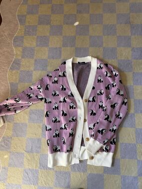 Purple Panda Print V‑Neck Cardigan Sweater